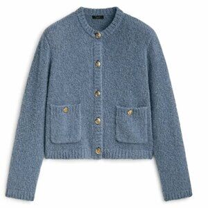 Massimo Dutti Blue Textured Knit Bouclé Button-Front Cardigan